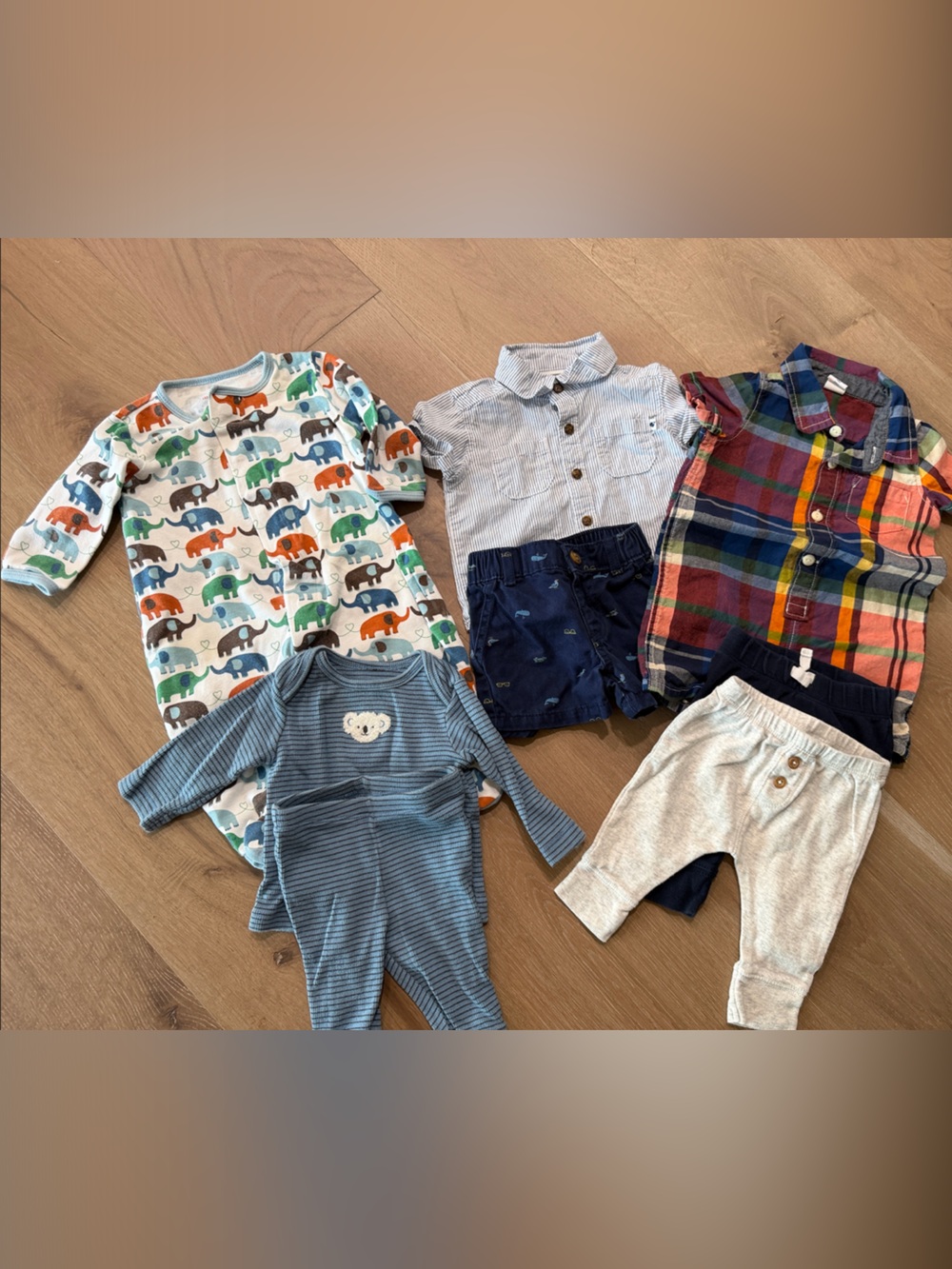 Kids Multi-Piece Clothing Set - Blue, Green, Orange Elephant Print & Plaid
